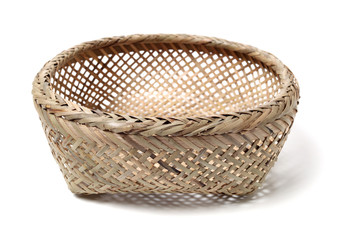 Bamboo basket hand made isolated on white background. Woven from bamboo tray.