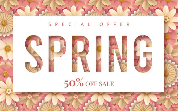 Spring sale vector banner design with flowers. Vector illustration