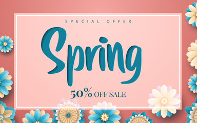Spring sale. Bright advertising background with flowers, text. The effect of cut paper. Season discount banner design. Vector illustration