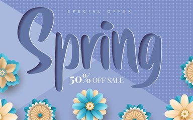 Spring sale vector banner design with flowers. Vector illustration