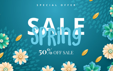 Spring sale vector banner design with flowers. Vector illustration