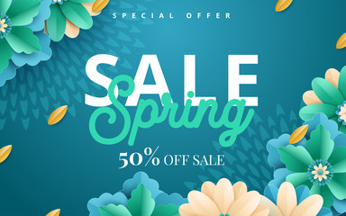 Spring sale. Bright advertising background with flowers, text. The effect of cut paper. Season discount banner design. Vector illustration
