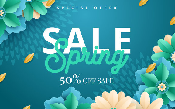 Spring sale. Bright advertising background with flowers, text. The effect of cut paper. Season discount banner design. Vector illustration