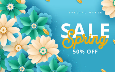 Fototapeta na wymiar Spring sale. Bright advertising background with flowers, text. The effect of cut paper. Season discount banner design. Vector illustration