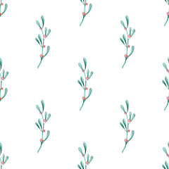 Seamless pattern green mistletoe branches. Create a Christmas design.