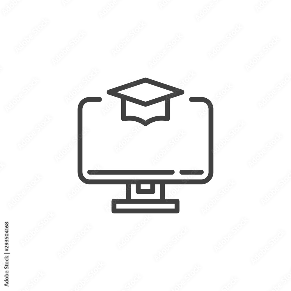 Fototapete Online education line icon. E-learning linear style sign for mobile concept and web design. Computer with academic cap outline vector icon. Symbol, logo illustration. Vector graphics