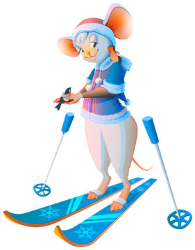 Cute cartoon mouse woman skiing character symbol 2020