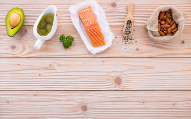 Ketogenic low carbs diet concept. Ingredients for the healthy foods selection on white background....