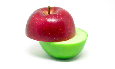 Red sliced apple on top, sliced green apple