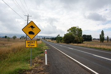 ‘Kangaroo and Wombat Crossing. 10km’ sign along a road in Australia.
