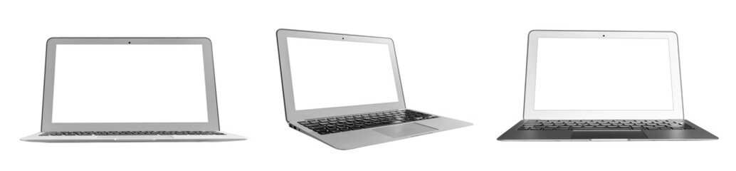 Obraz premium Laptop computer PC with blank screen mock up isolated on white background. Laptop isolated screen with clipping path. PC computer white screen with copy space. Empty space for text.