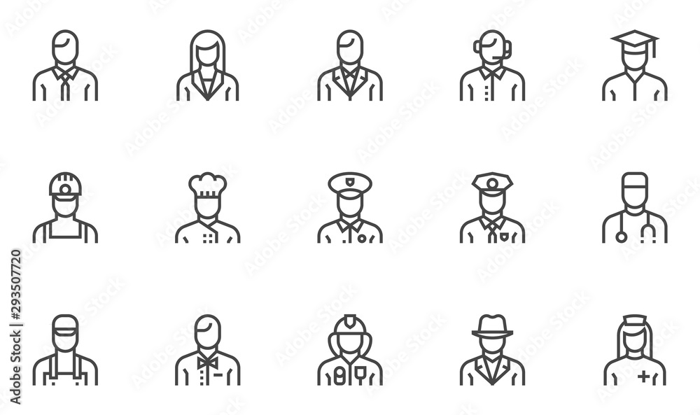 Wall mural professions vector line icons set. human characters, avatars. cook, doctor, policeman, nurse, firema