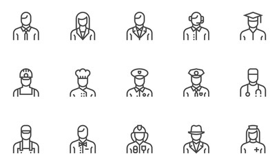 Professions vector line icons set. Human characters, avatars. Cook, doctor, policeman, nurse, fireman, worker. Editable stroke. 48x48 Pixel Perfect.