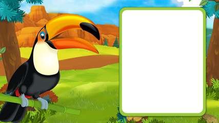 cartoon scene with happy toucan sitting on some branch and looking with frame for text - illustration for children