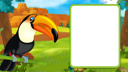 cartoon scene with happy toucan sitting on some branch and looking with frame for text - illustration for children
