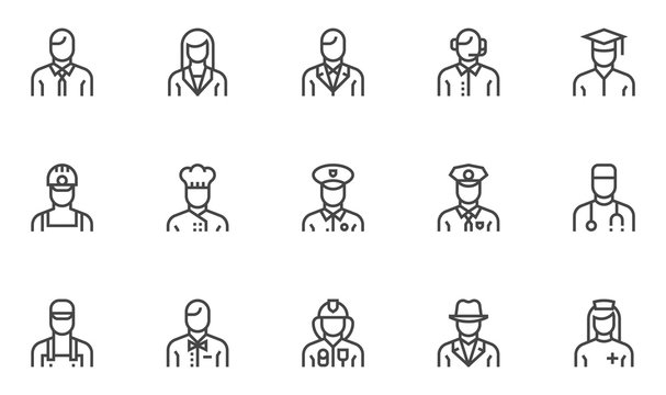 Professions vector line icons set. Human characters, avatars. Cook, doctor, policeman, nurse, fireman, worker. Editable stroke. 48x48 Pixel Perfect.