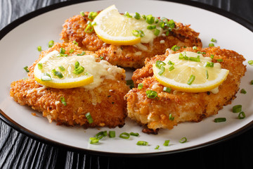 Romano chicken cutlet breaded with lemon and green onion close-up on a plate. horizontal