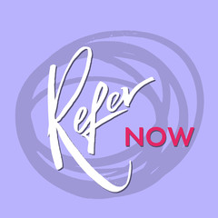 Obraz premium Refer a friend vector lettering. Referral marketing phrase isolated on white background. Handwritten brush pen calligraphy poster for loyalty program. Attract customers flyer. Start referring, invite