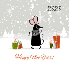 Christmas card with funny mouse in winter forest, symbol of 2020 year