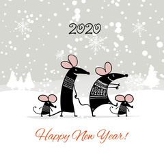 Christmas card with funny mouse in winter forest, symbol of 2020 year