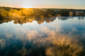 Beautiful misty dawn in the spring on the river.