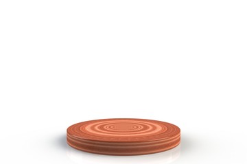 Round wood stage podium concept illustration isolated on white background. Festive podium scene for award ceremony on white. Wood pedestal for product presentation. 3d rendering
