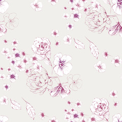 Beautiful delicate hand-drawn seamless floral pattern. Subtle print design. Perfect feminine pattern for fabric, decoupage, wallpaper, packaging. Minimalist color palette.