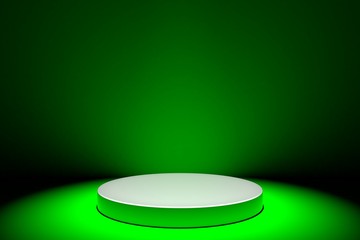 Round white stage podium concept illustration isolated on green background. Festive podium scene for award ceremony. White pedestal for product presentation. 3d rendering