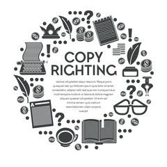 Copy righting poster with typewriter and notebooks in circle