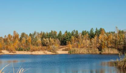Beautiful autumn lake landscape, October or November day