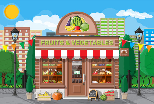 Street Brick Shop Building Exterior. Fruit And Vegetable Store. Fresh Organic Food Products. Cucumber Tomato Pumpkin Carrot Corn Pepper Banana. Nature Cityscape Panorama. Flat Vector Illustration