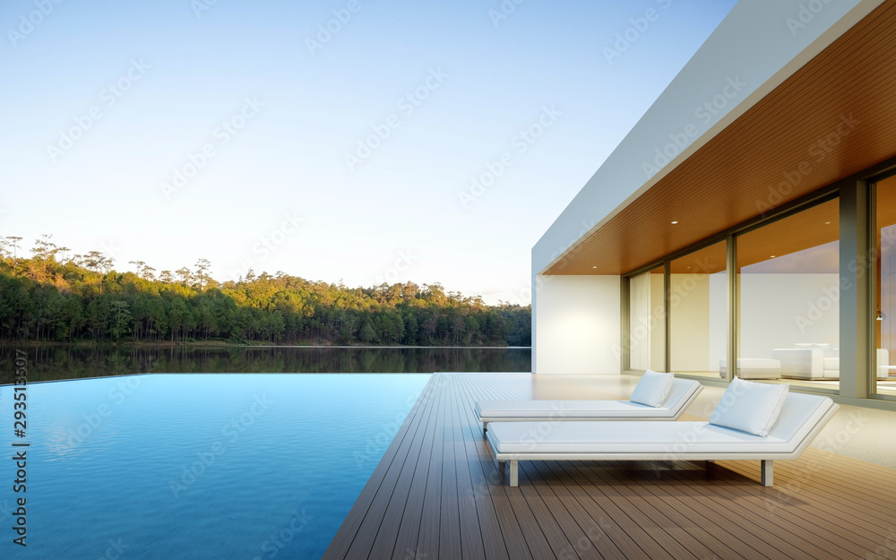Poster Perspective of luxury modern house with swimming pool in dust time on forest lake background, Idea of minimal architecture design. 3D rendering