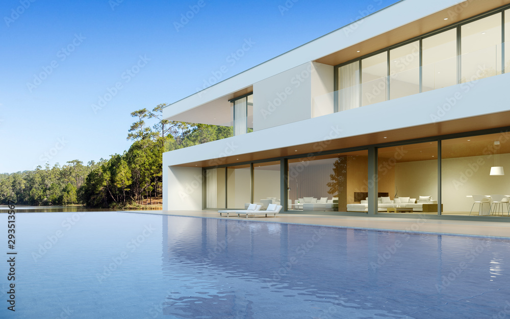 Poster Perspective of luxury modern house with swimming pool in day time on forest lake background, Idea of minimal architecture design. 3D rendering