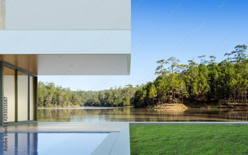 Poster Perspective of luxury modern house with swimming pool in day time on forest lake background, Idea of minimal architecture design. 3D rendering