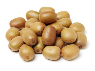 Whole and cut golden kiwifruit/ kiwi (Actinidia chinensis) on white background