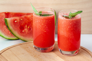 Vitamin watermelon smoothie for vegans on a yellow background. Super food for detox	