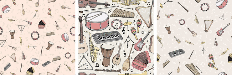 Vector seamless pattern with musical instruments. Multicolored hand drawn illustration in cartoon style.