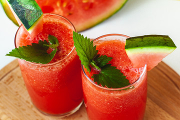 Vitamin watermelon smoothie for vegans on a yellow background. Super food for detox	