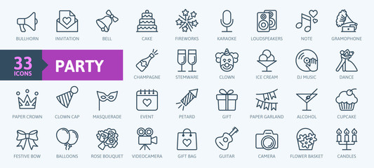 Party, celebration, anniversary elements - thin line web icon set. Outline icons collection. Simple vector illustration. - obrazy, fototapety, plakaty
