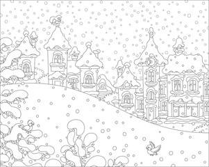 Christmas landscape with a snow hill in a park and houses of a small toy town on a snowy winter day, black and white vector illustration in a cartoon style for a coloring book
