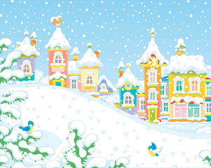 Christmas background with a snow hill in a park and colorful houses of a small toy town on a snowy winter day, vector illustration in a cartoon style