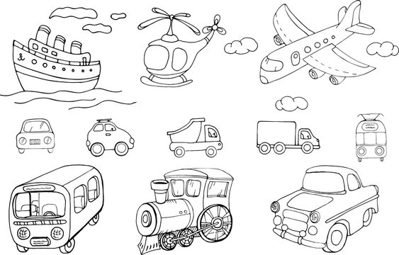 Vector set of transports. Cartoon monochrome isolated objects on a white background. Linear hand drawn illustration.