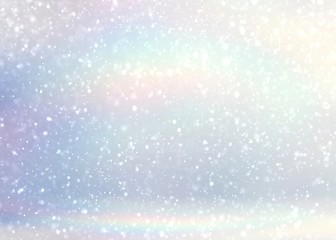 Amazing snow room. Pearl iridescent light 3d background. Fairy tale decoration. Winter holiday illustration. Blur hologram texture of wall. Wonderful xmas interior.