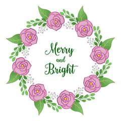 Cute pink rose flower frame background, for lettering of merry and bright. Vector