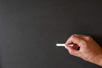 A blank blackboard and a hand holding a stick of chalk with space for text, images or writing.