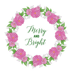 Cute pink rose flower frame background, for lettering of merry and bright. Vector