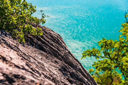 Gulf of Trieste. High cliffs Between boats, karst rocks and ancient castles. Duino. Italy