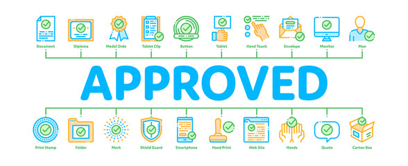 Approved Minimal Infographic Web Banner Vector. Approved Sings On Document File And Hands, Computer Monitor And Smartphone Display Concept Linear Pictograms. Contour Illustrations