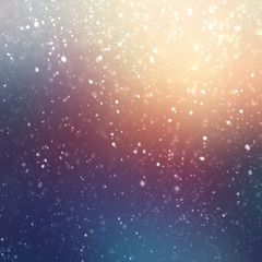 Fluffy snow on amazing outdoor soft background. Blue red yellow gradient. Shiny winter festive illustration. Lens flare effect. Deep shade. Xmas incredible nature abstraction.