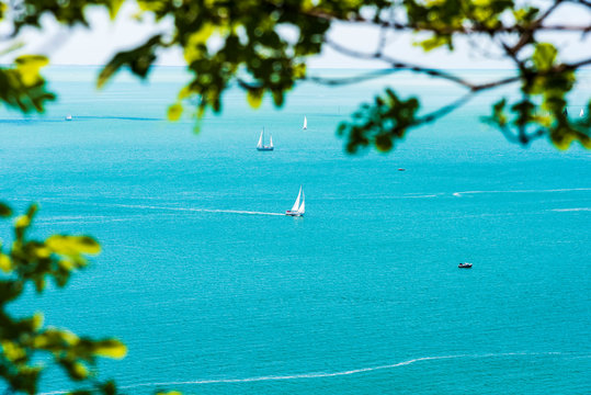 Gulf of Trieste. High cliffs Between boats, karst rocks and ancient castles. Duino. Italy